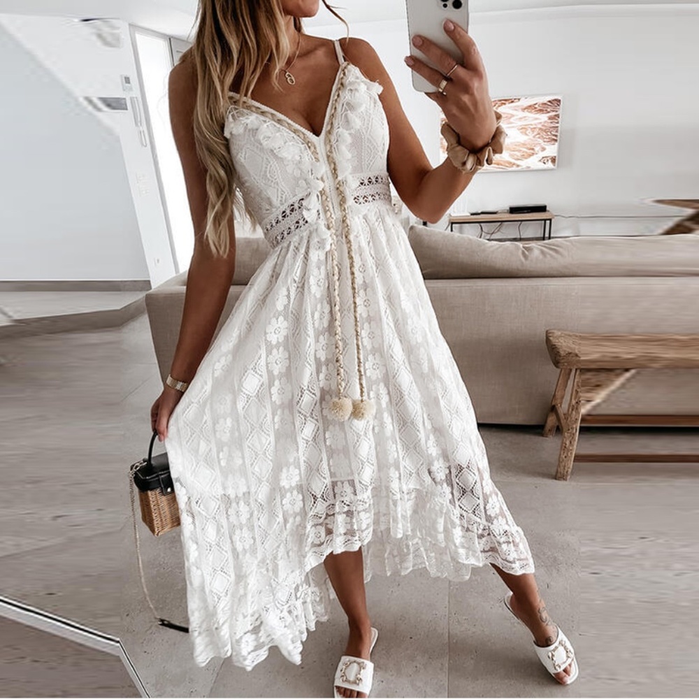 New Boho White Lace Beach Wedding Party Dress - Picture 3 of 8